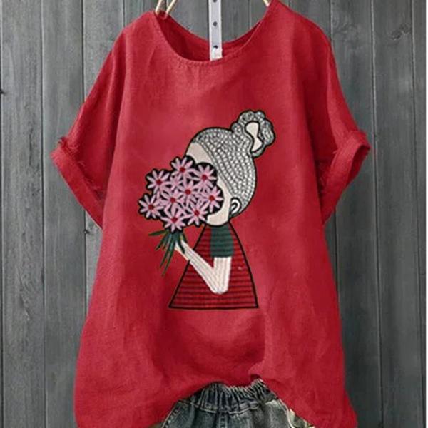 Women's Casual Style Round Neck Print Short Sleeve Blouse