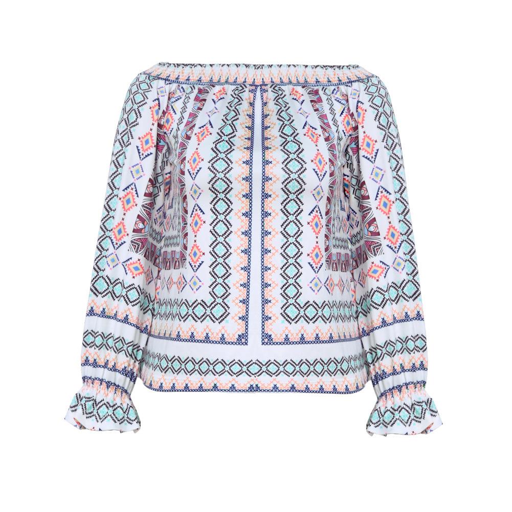 Women's Summer Off Shoulder Loose Stretch Bohemian Print Long Sleeve Blouse