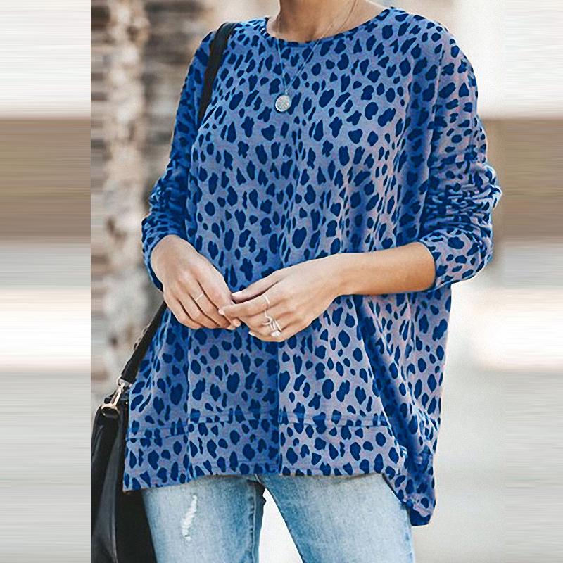 Leopard print long sleeve round neck blouse for women