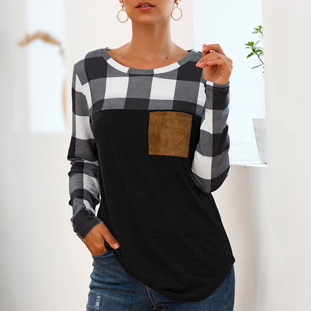 Women's Long Sleeve T-shirt New Pattern Print And Applique Pattern Tartan T-shirt Suitable For Fall Season