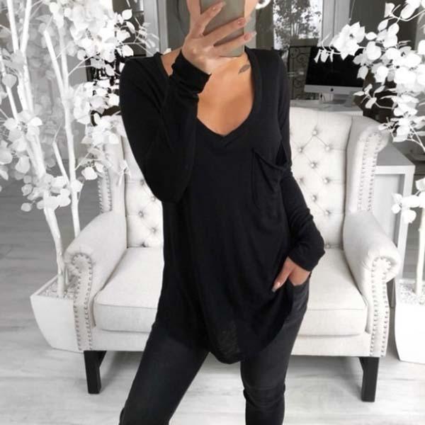 Women's Casual V-Neck Loose Long Sleeve Pocket Blouse
