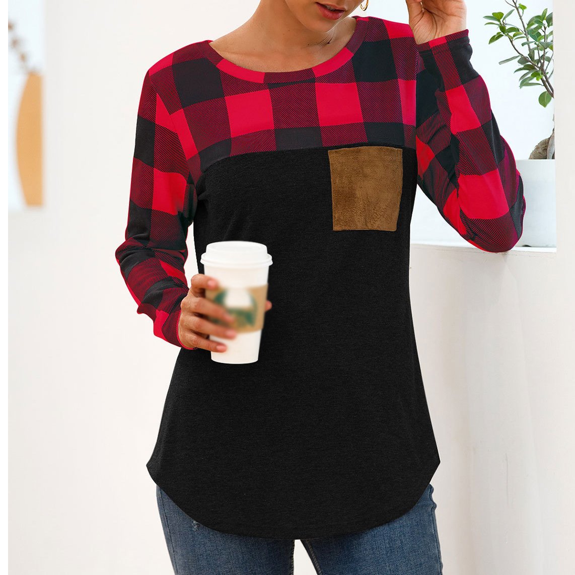 Women's Long Sleeve T-shirt New Pattern Print And Applique Pattern Tartan T-shirt Suitable For Fall Season