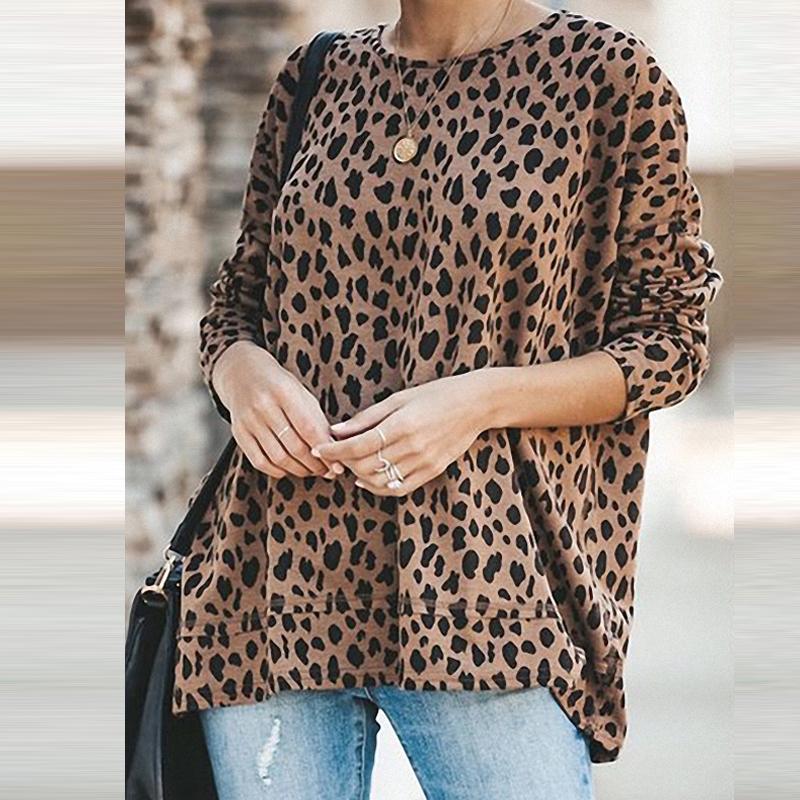 Leopard print long sleeve round neck blouse for women