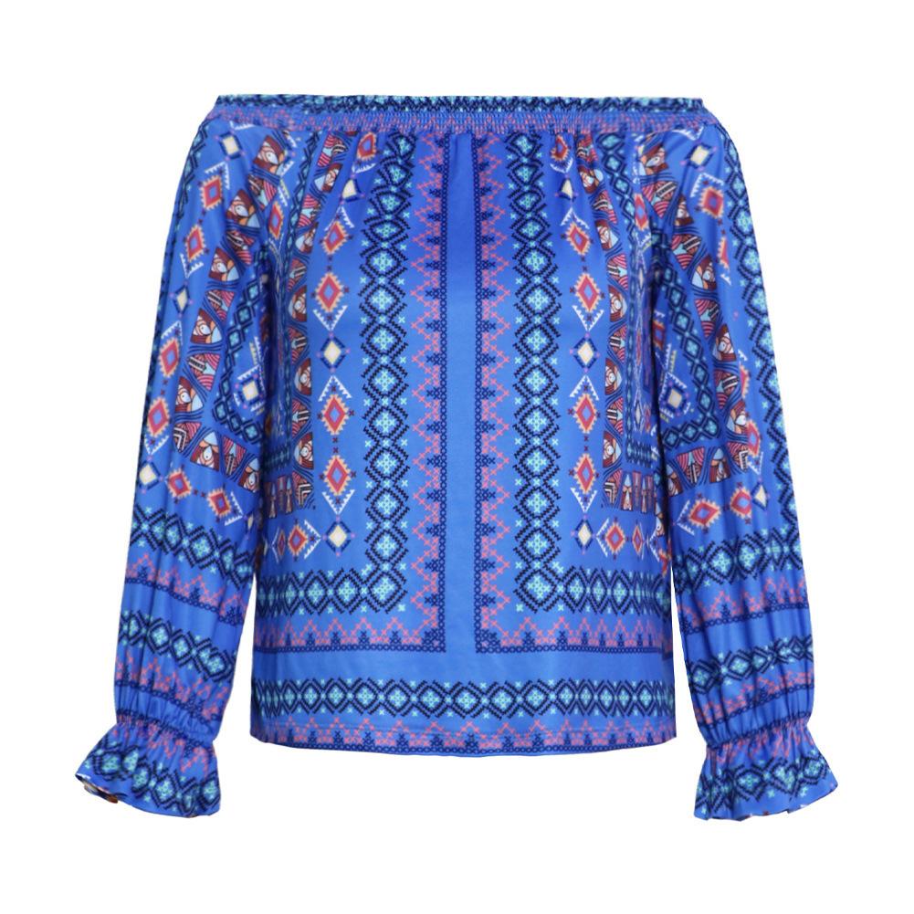 Women's Summer Off Shoulder Loose Stretch Bohemian Print Long Sleeve Blouse