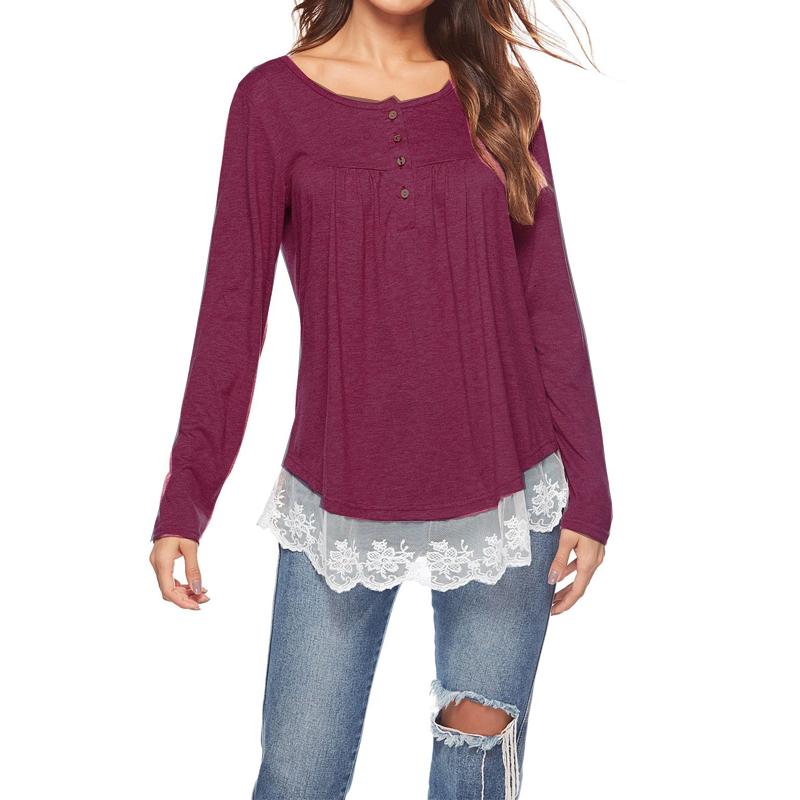 Women's Solid Color Round Neck Button Long Sleeve Lace Applique Hem Blouse Casual Blouse