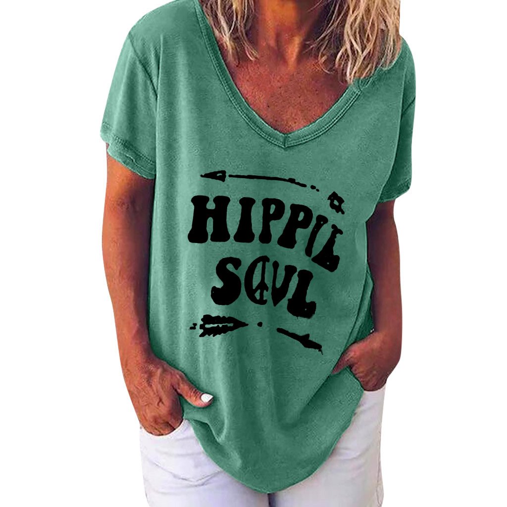 V-Neck Short Sleeve Casual Letter Print T-Shirt