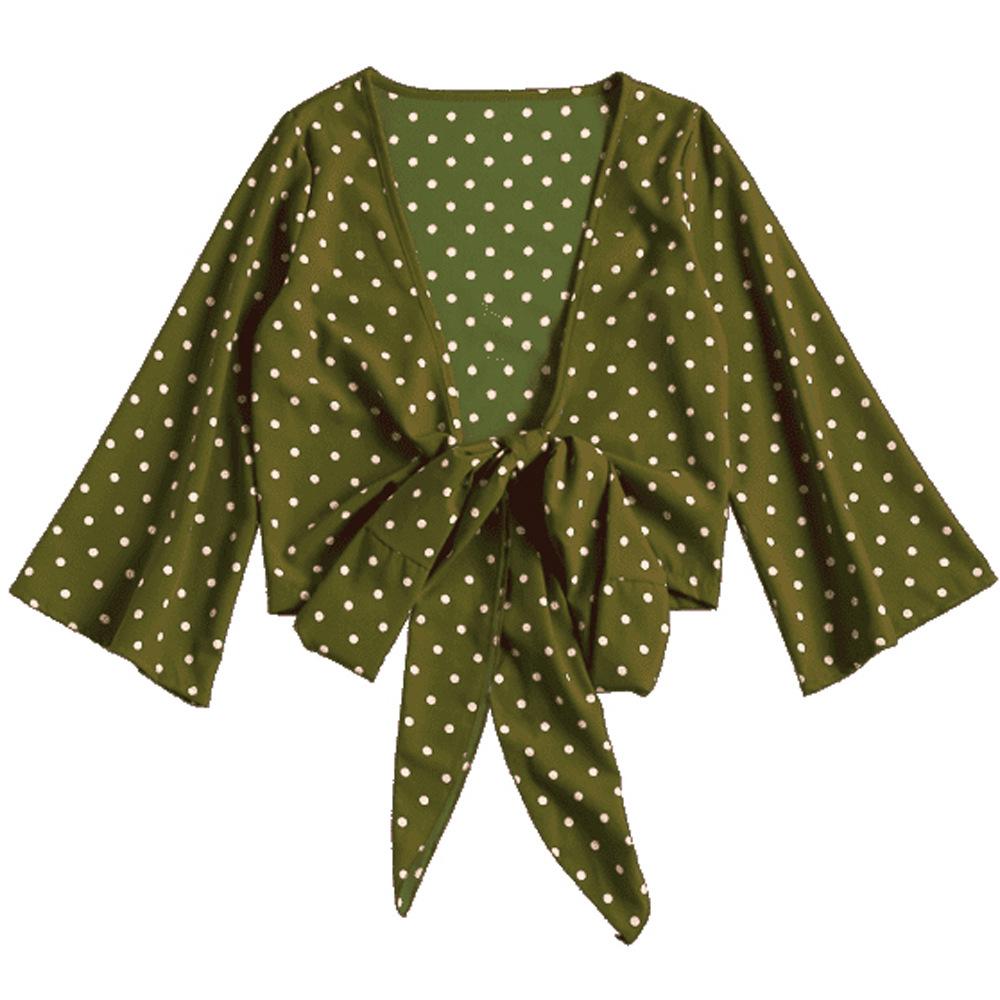 Women's Short Sleeve Butterfly Tie Waist Bustier Polka Dot Print Crop Top