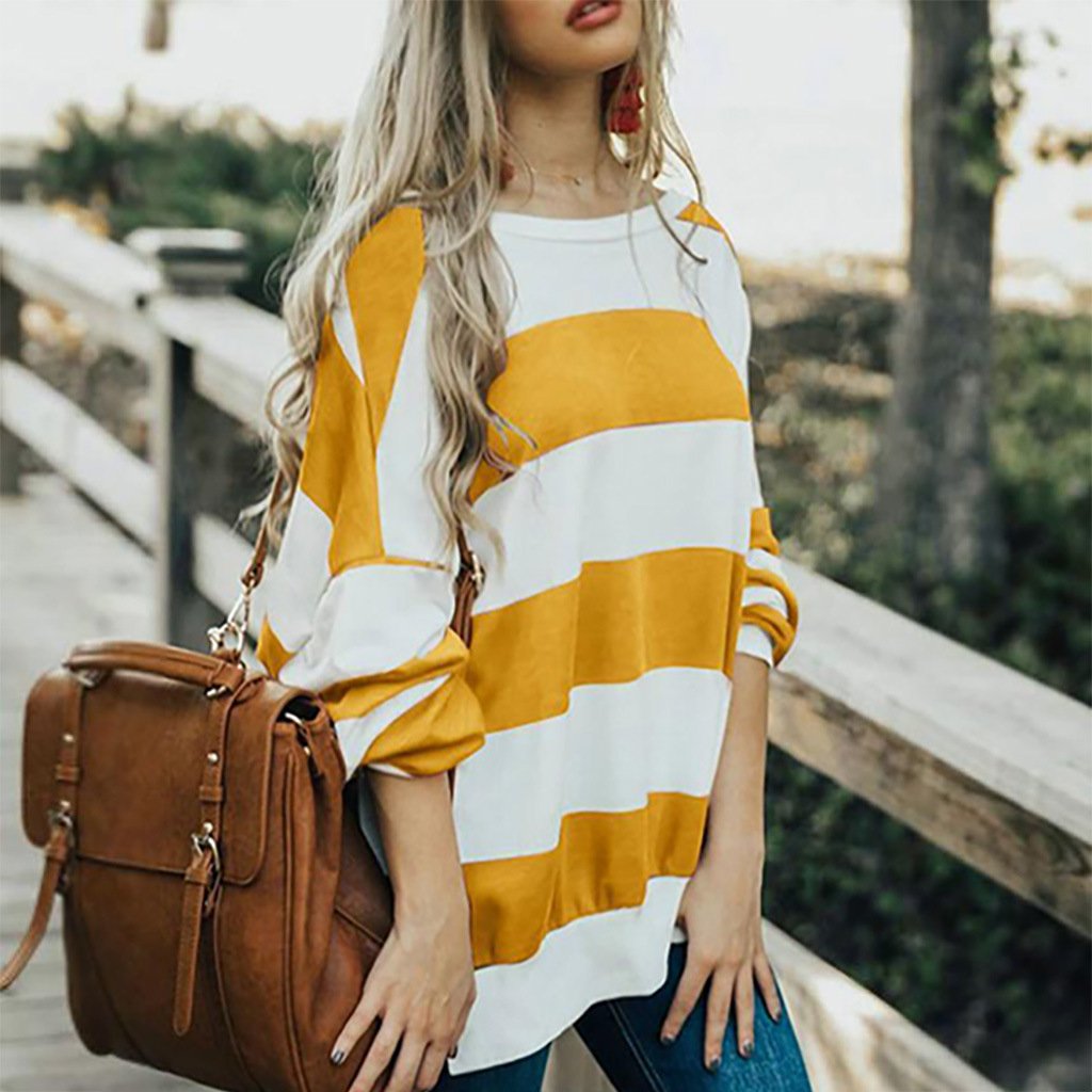 Women's Loose T-shirt Casual Striped Print Long Sleeve Leisure T-shirt