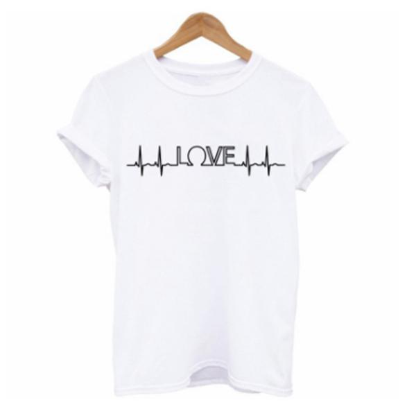 White short-sleeve t-shirt with heart and electrocardiogram rhythm pattern